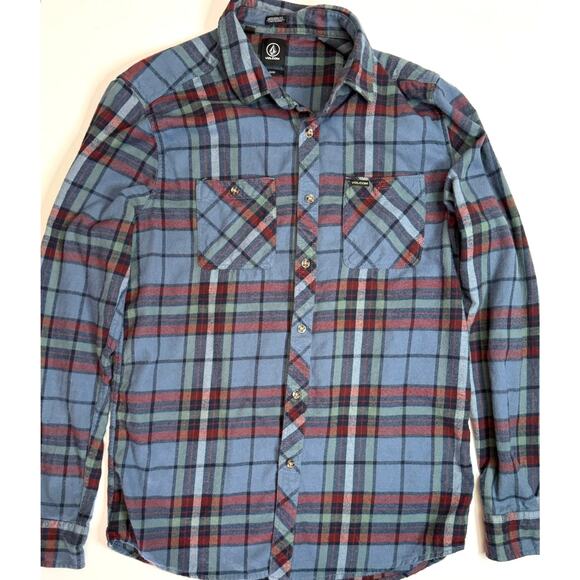 Volcom Men’s Modern Fit Flannel Button-Up Shirt – Blue/Red Plaid – Size M Skater - Picture 8 of 12